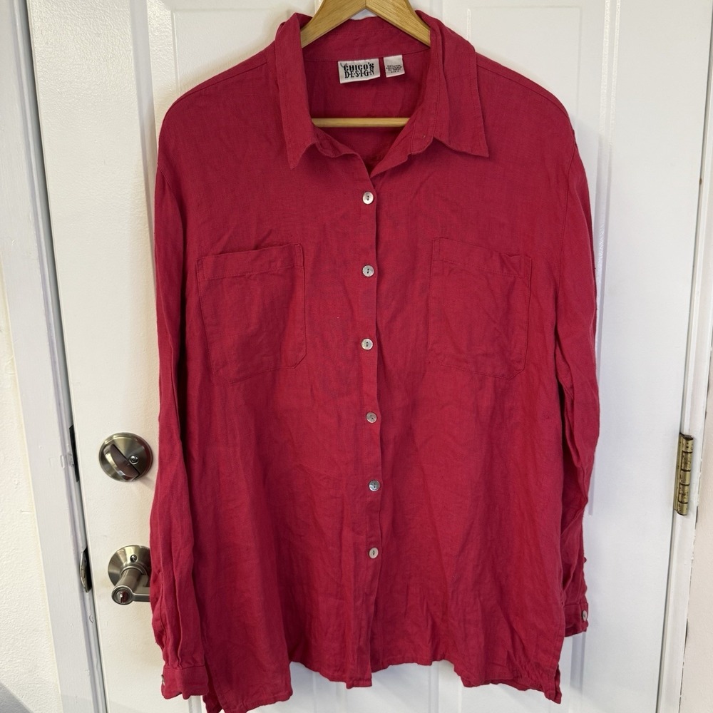 VTG Chico's‎ Design 100% Linen Tunic Shirt Red LS Made In Turkey Size 3 = XL